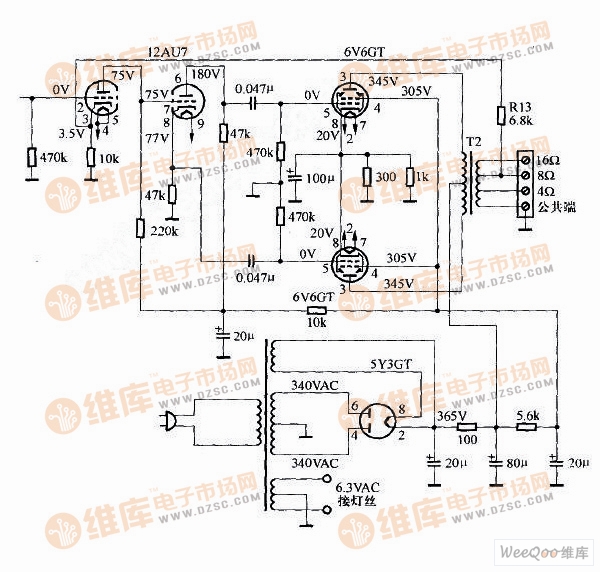 用6v6gt胆机制作的推挽功率放大器电路图_音频电路_电路图_114ic电子