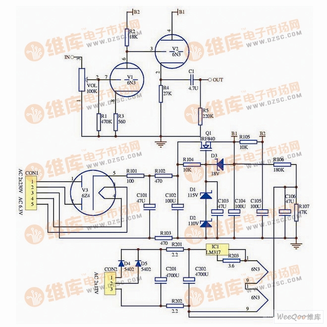 国产胆6n3前级放大器电路