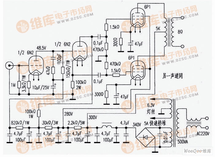 制作6n2 6p1胆机功放电路图