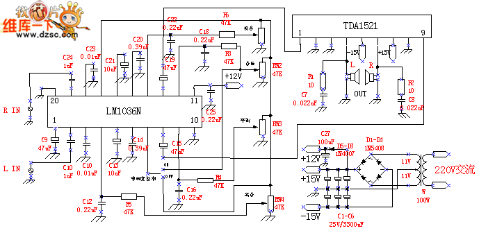 lm1036 tda1521最简单的高品质功放电路图
