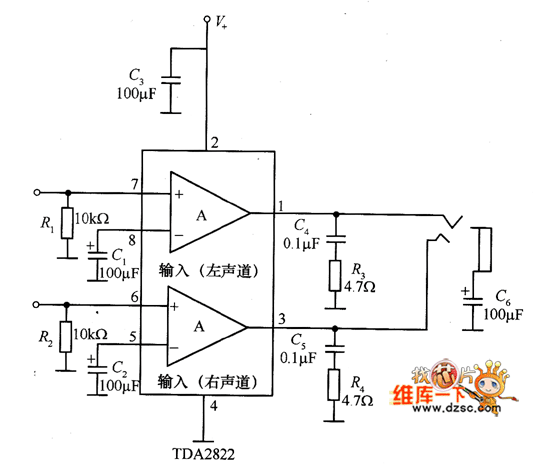 >>tda2822双声道小功率集成功放电路图