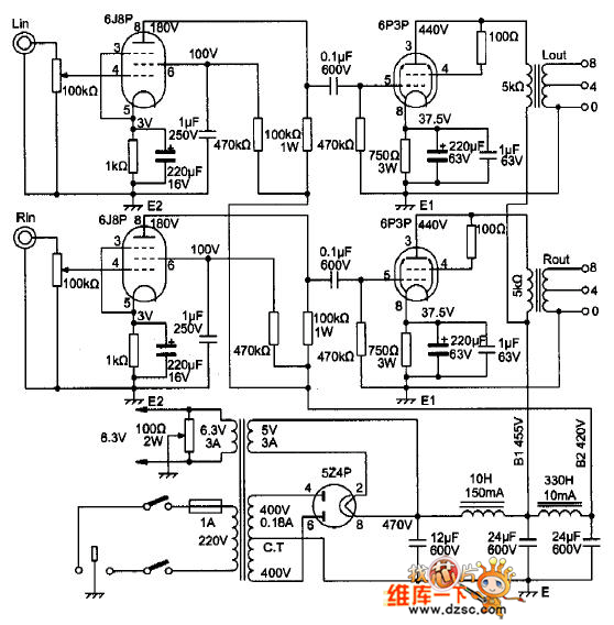 6p3p三极管接法甲类单端功放总电路图    欢迎转载,信息来自维库电子