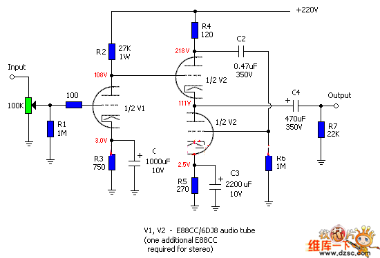 电子管e88cc组成的耳放电路图