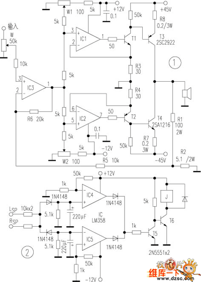 功放电路图  运放采用ne5532或ad827等双运放,t1,t2选中功率管2sb647