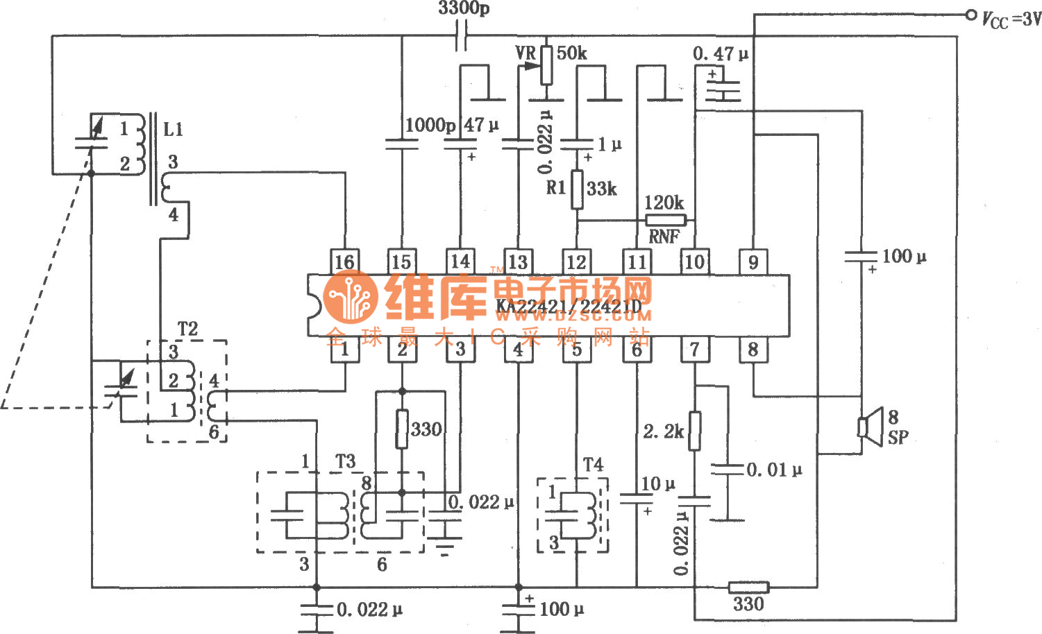 ka22421/22421d am单片收音机电路图