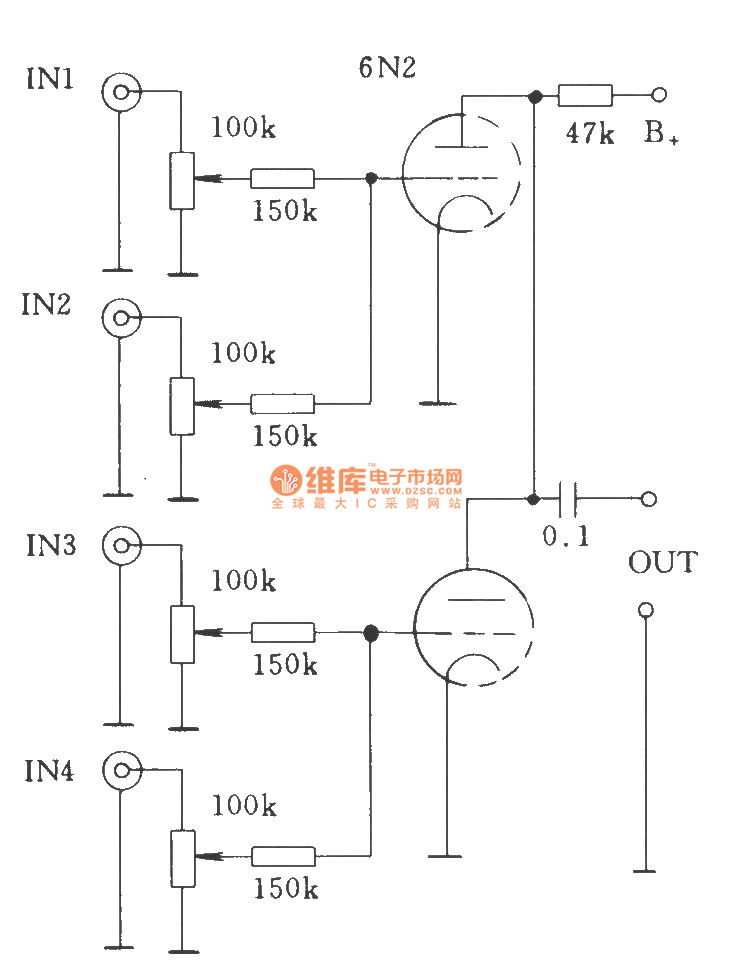 电子管单级多路通过电阻耦合—直接耦合混合的输入电路