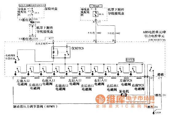 别克gl8汽车abs,搭铁和abs电控单元牵引力电控单元ebcmebtcm电路图