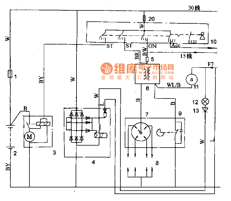 一启动机;4一交流发电机;5一点火线圈附加电阻;6一点火线圈;7一分电器