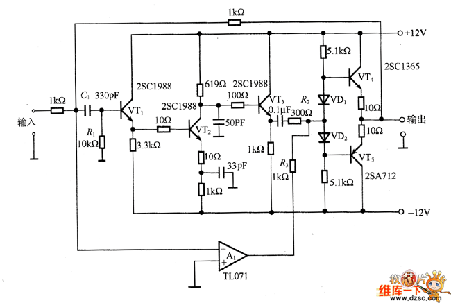 >>运放tl071和晶体管构成的高转换速率的放大器电路图