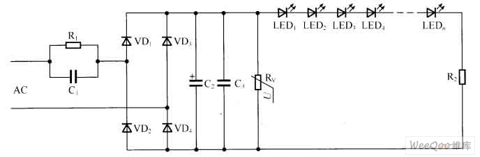 采用压敏电阻的电容降压led驱动电路图