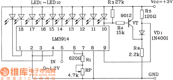 lm3914构成点显示,线溢出的led显示电路图