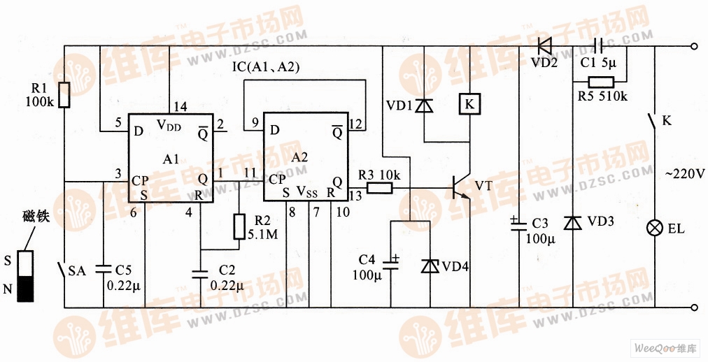 基于cc4013构成的门控照明控制器电路图