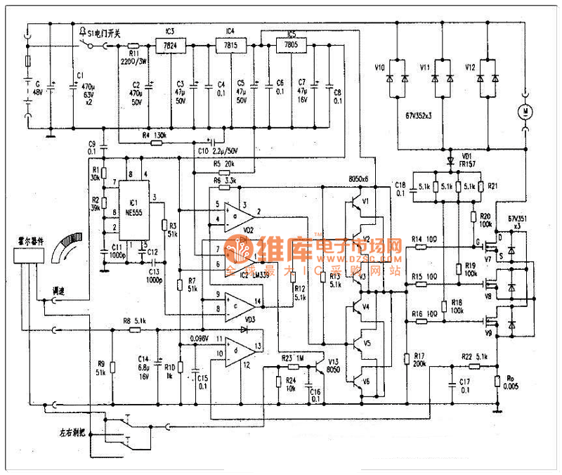 电动车48v/500w有刷控制器线路图_控制电路-114ic电子