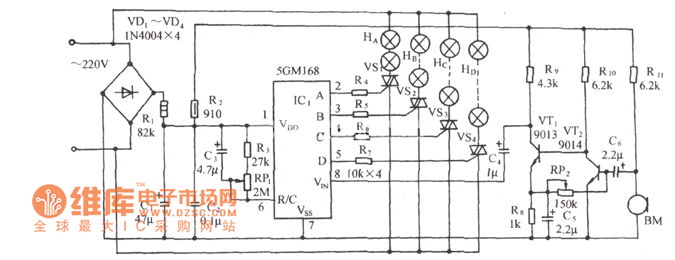 5gml68音频压控节日彩灯控制电路图