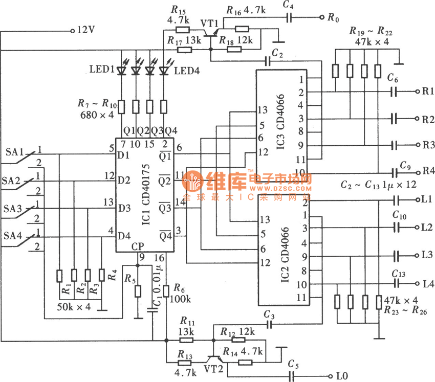 由cd40157,cd4066组成的四路电子切换开关电路图