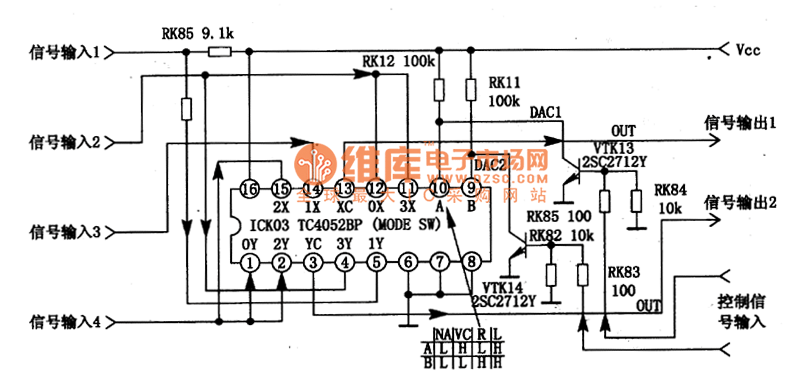 tc4052b,tc4052bp双,4选 1模拟开关集成电路图