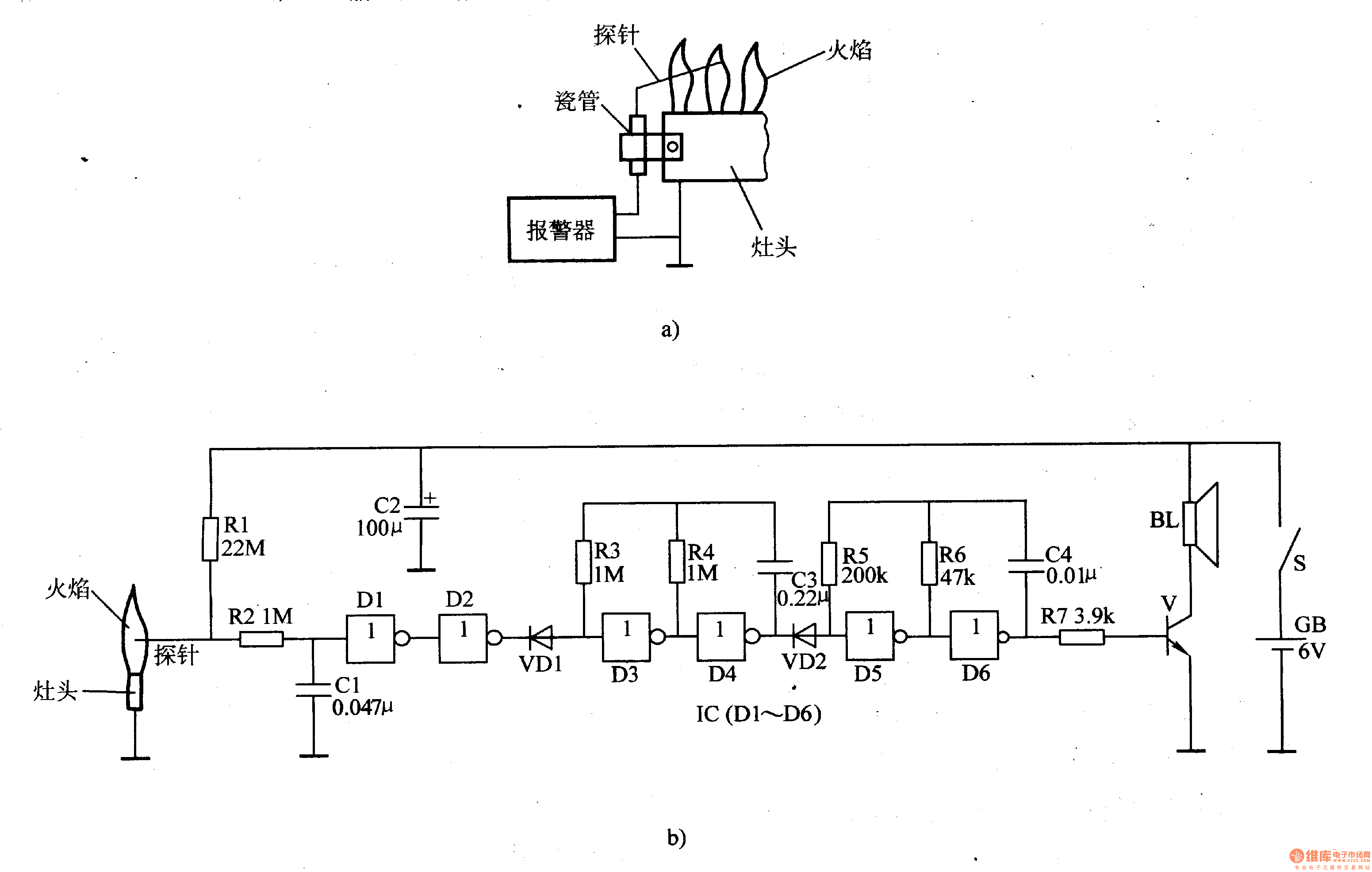 该燃气火焰熄灭报警器电路由火焰检测电路,放大整形电路,2hz超低频