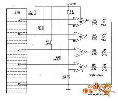 该水位指示器电路由水位检测电极a-e,稳压二极管vs,电阻器rl-r9,集成