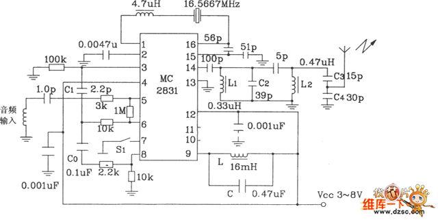 mc2831构成的无线电发射典型应用电路图