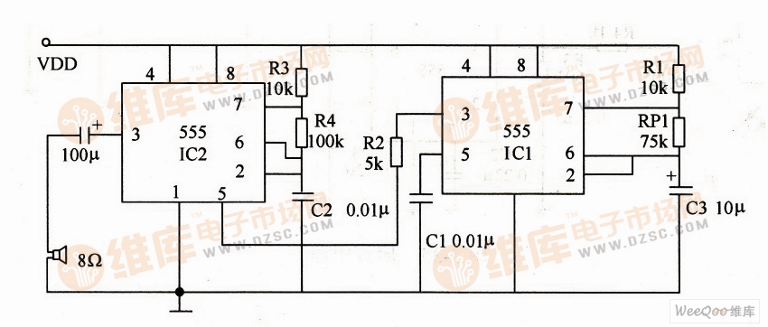 >>以555为核心组成的音响电路图