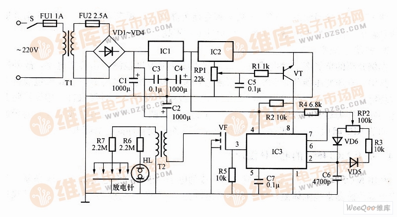 利用ih-3605构成的负氧离子发生器电路图