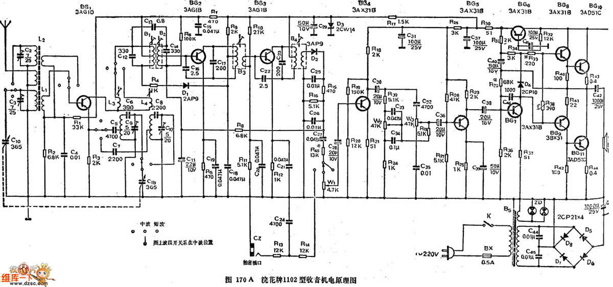 浣花牌1102型收音机电路原理图