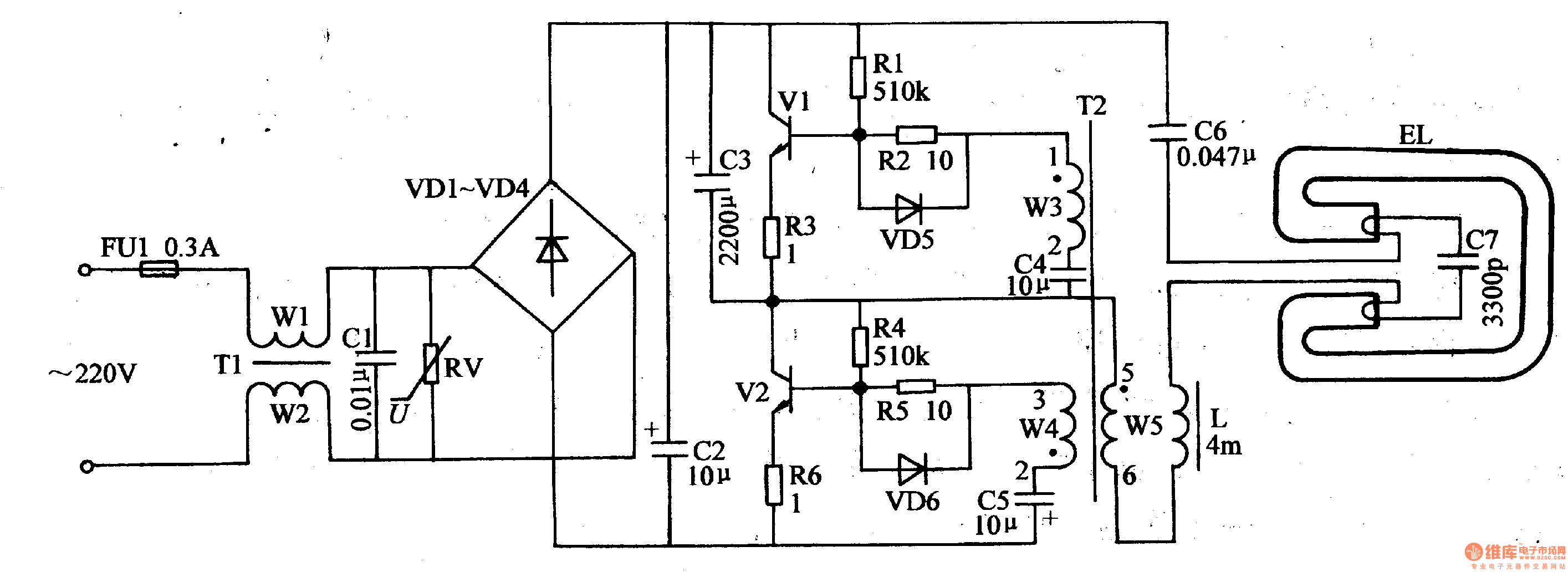 该荧光灯电子镇流器电路由电源电路,高频振荡器和lc串联输出电路组成