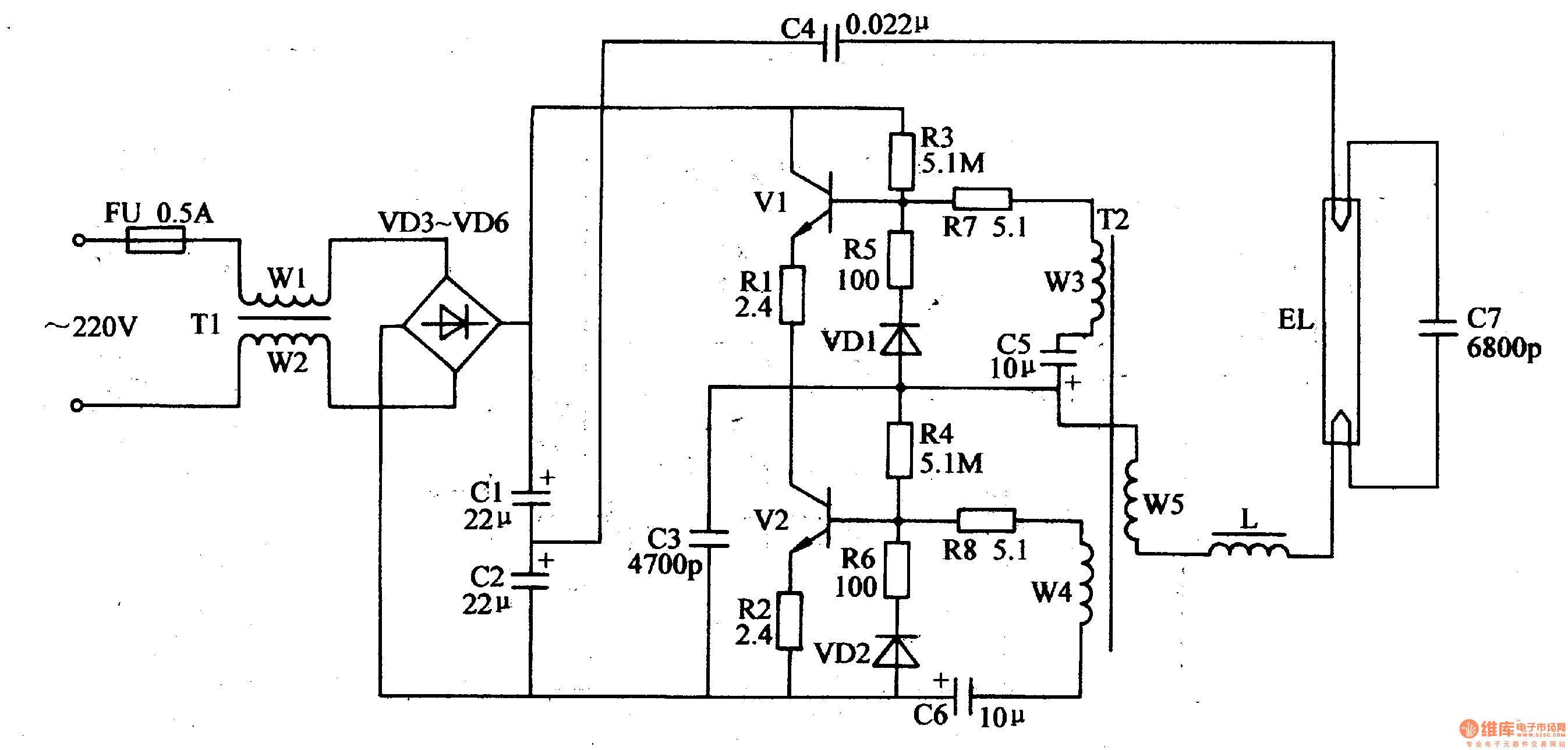 该荧光灯电子镇流器电路由电源电路和推挽振荡电路组成,如图1