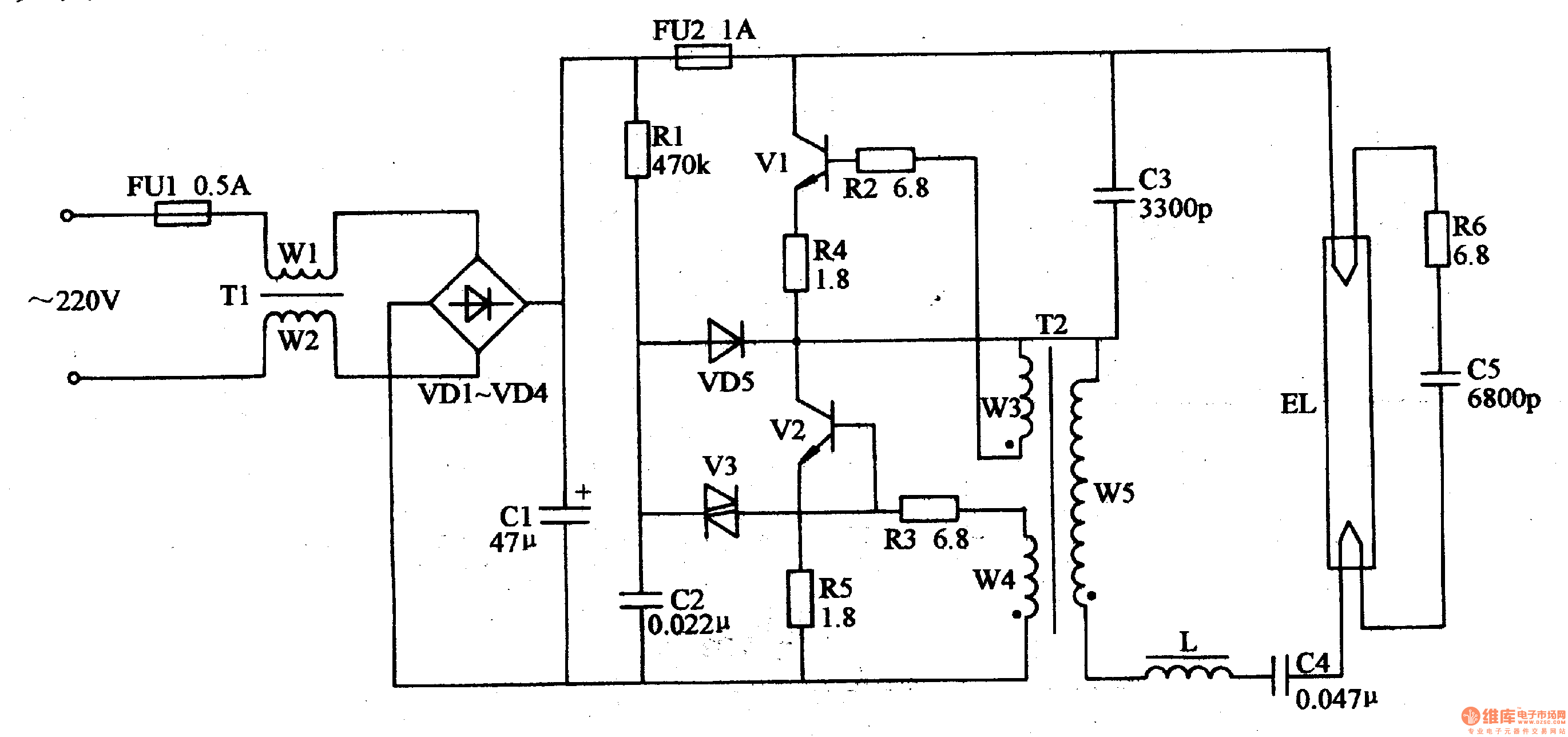 简化电子镇流器电路图