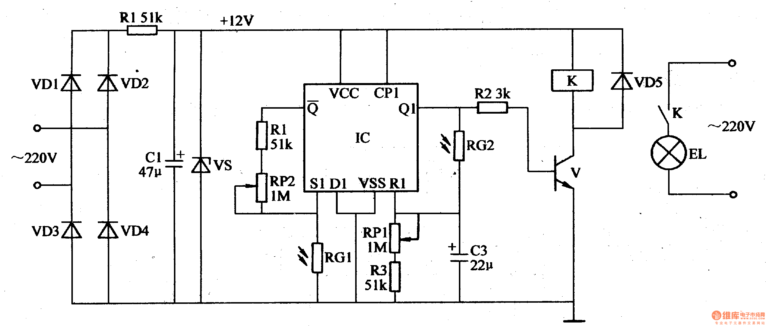 该光控路灯电路由电源电路,光控电路和控制执行电路组成,如图1