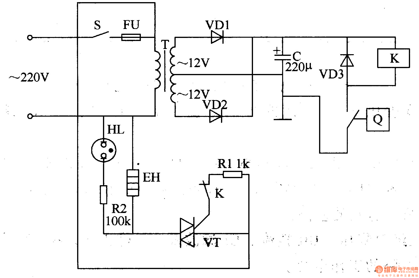该电烤箱温度控制器电路由电源电路和温度检测控制电路组成,如图3