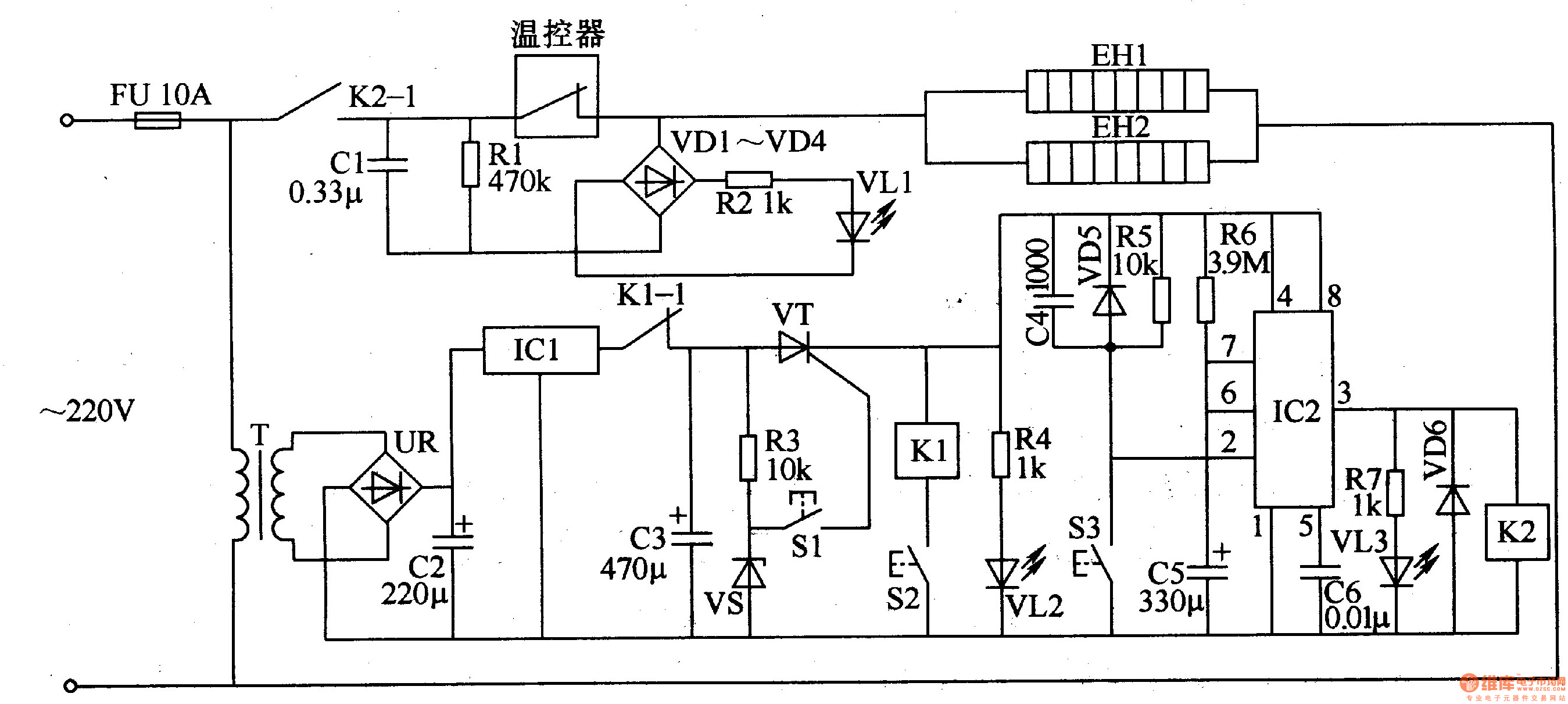 该高温消毒柜电路由电源电路,指示电路和控制电路组成,如图3